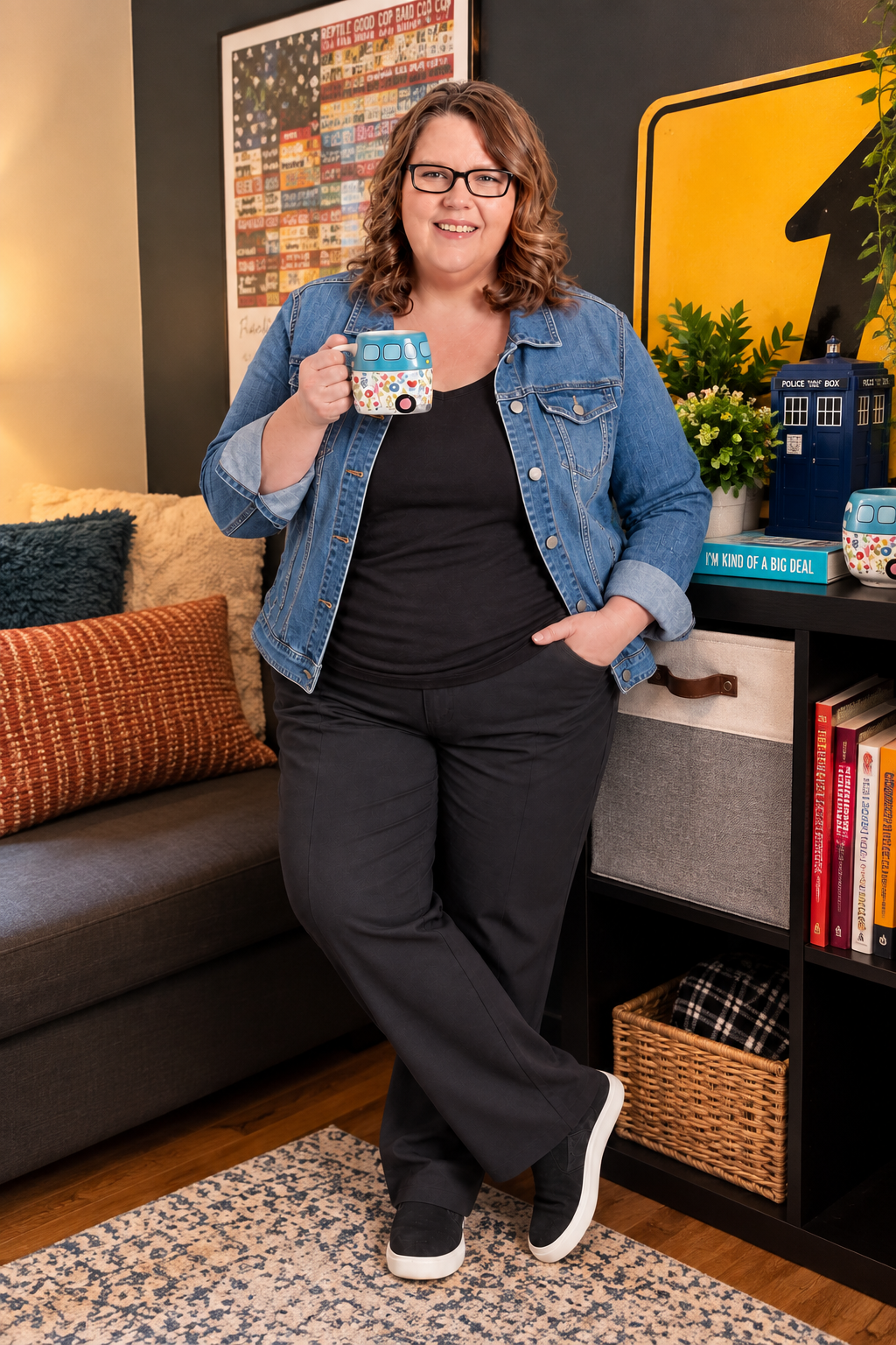 Lisa Duck wearing a denim jacket and holding a colourful coffee mug in her home office.