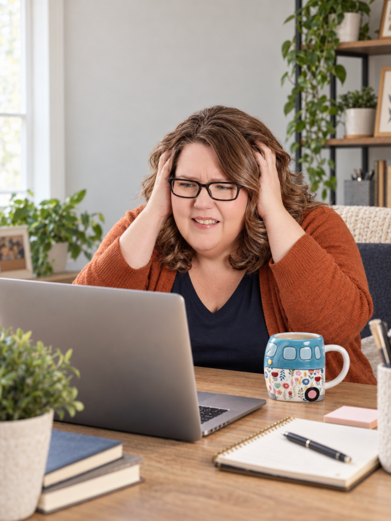 Lisa sitting at her desk looking frustrated with technology