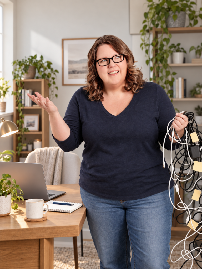 Lisa holding computer cables